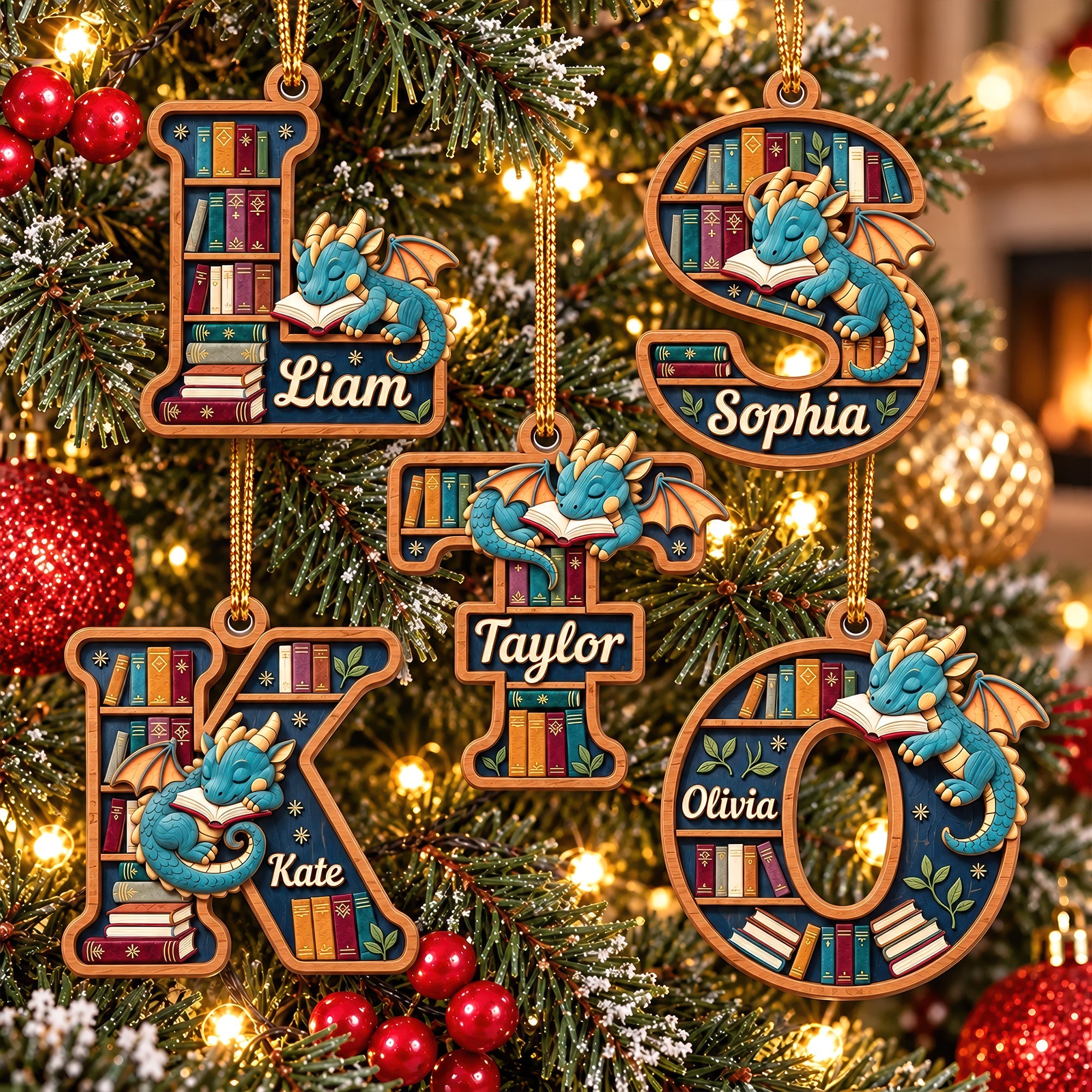 "Bring Your Imagination to Life" - Initial Letter Dragon Wood Ornament - Personalized Gift for Book Lovers