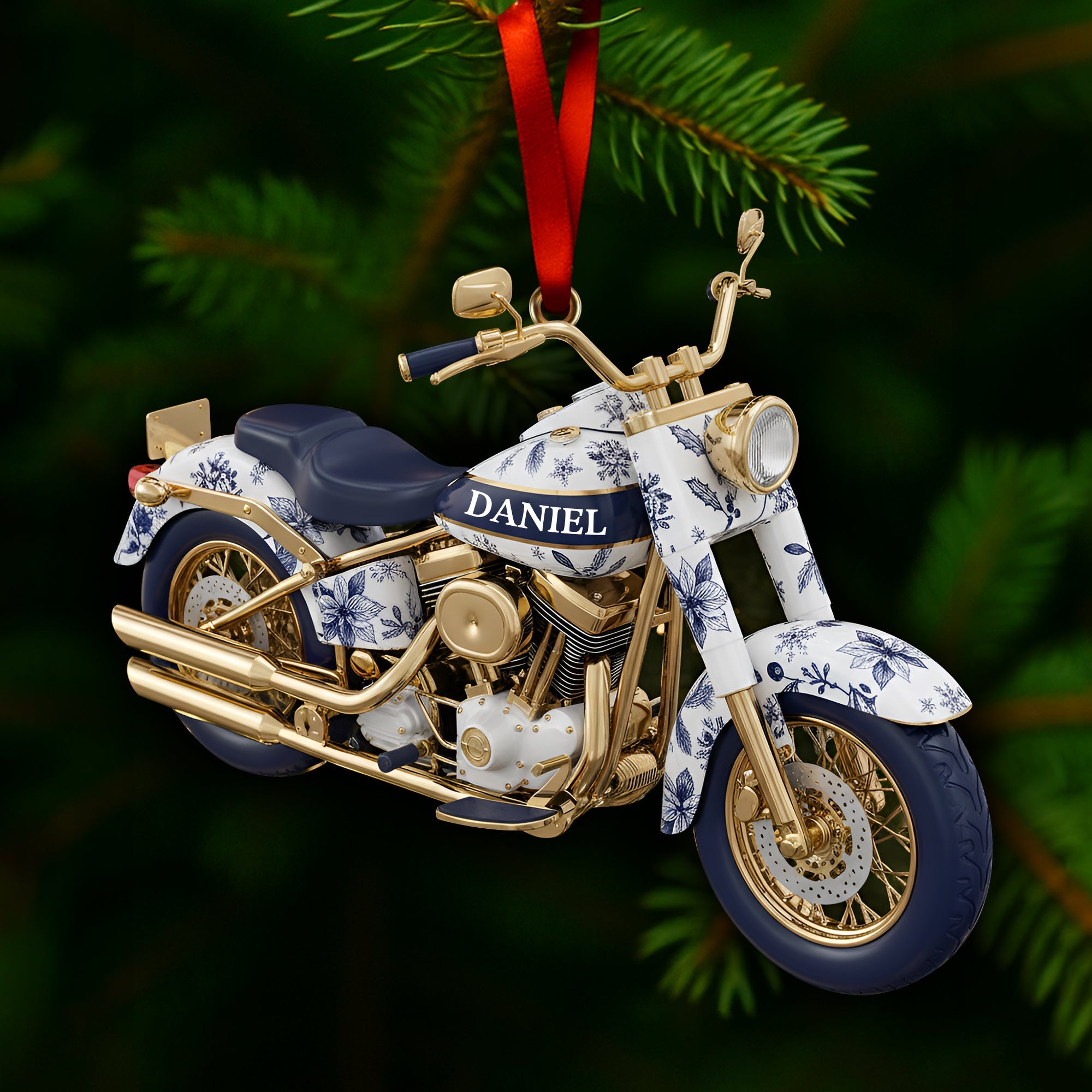 Ride in Style: Personalized Motorcycle Toile de Jouy Christmas Ornament - A Unique Gift for Bikers Ornament PopCulturePrints