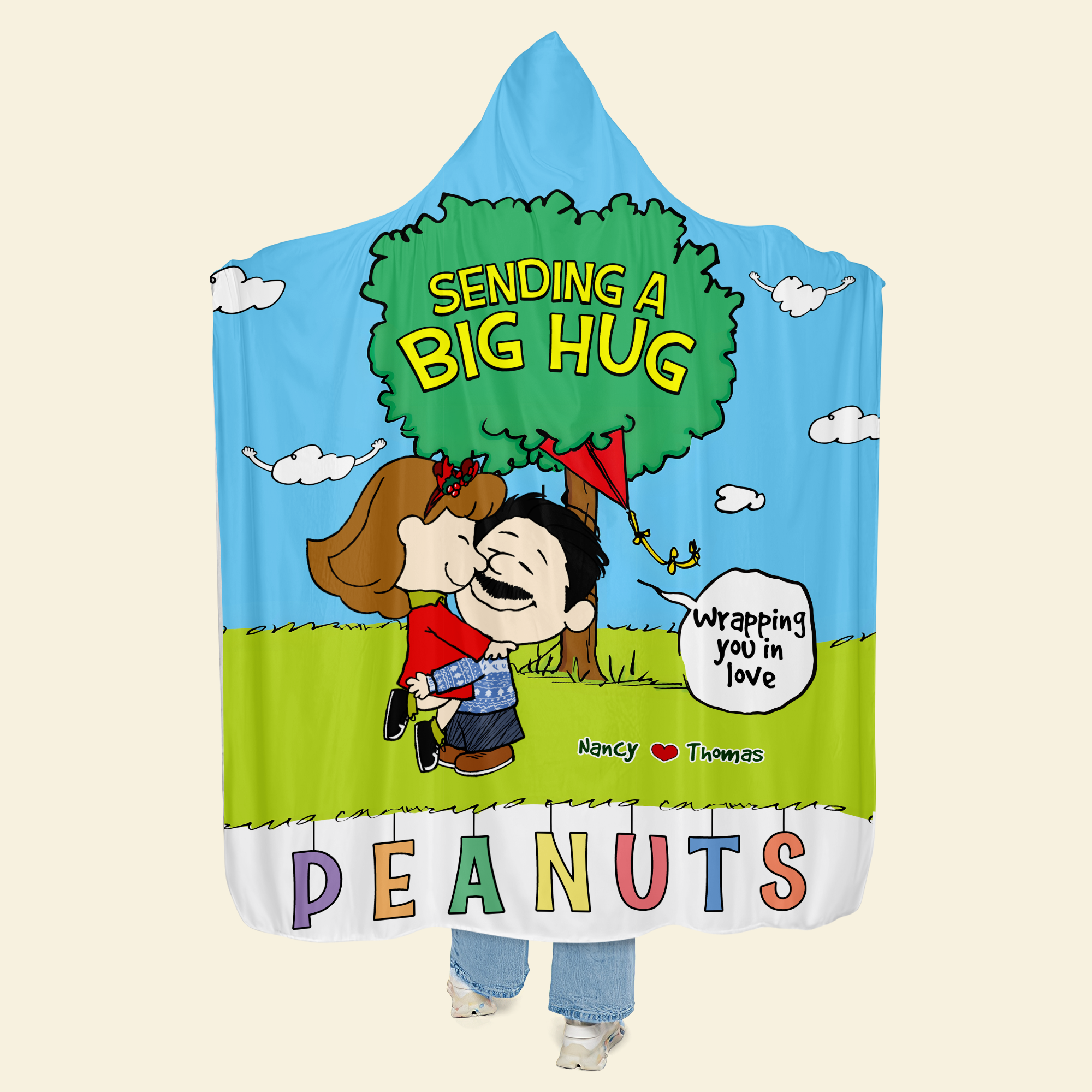 Custom Cartoon Couple Christmas Hooded Blanket – Perfect Personalized Gift