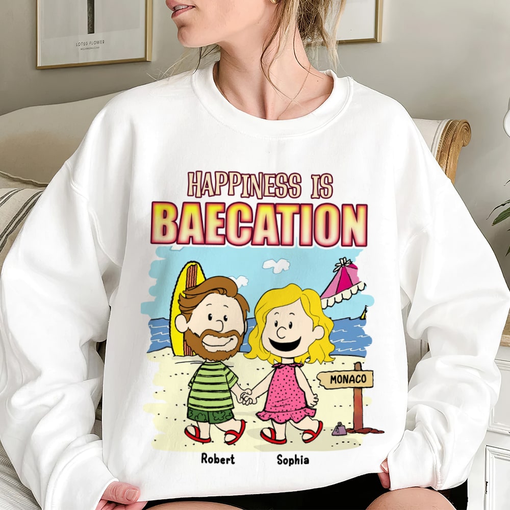 Happiness is Baecation Personalized Couples Shirt