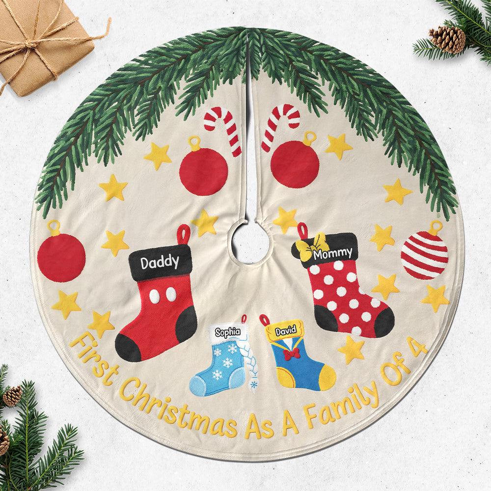 Celebrate Your First Christmas as a Family of 4 - Personalized Holiday Stocking Quilted Tree Skirt Tree Skirt PopCulturePrints