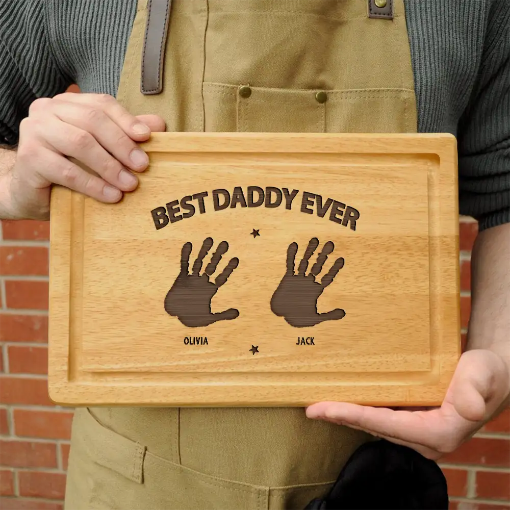 Best Dad Ever - Personalized Wooden Cutting Board with Handprints Wooden Cutting Board PopCulturePrints