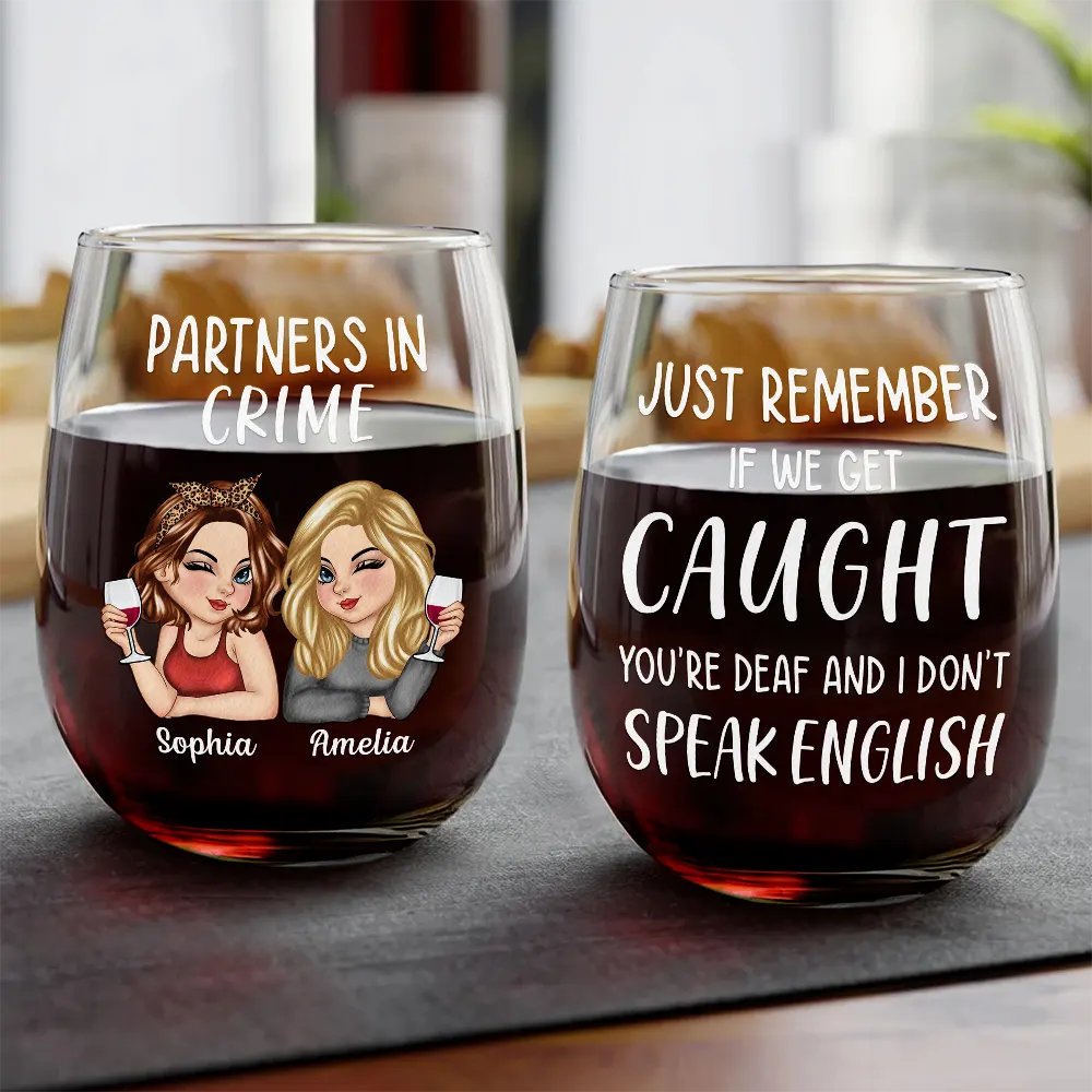 Partners in Crime - Personalized Stemless Wine Glass for Besties Wine Glass PopCulturePrints