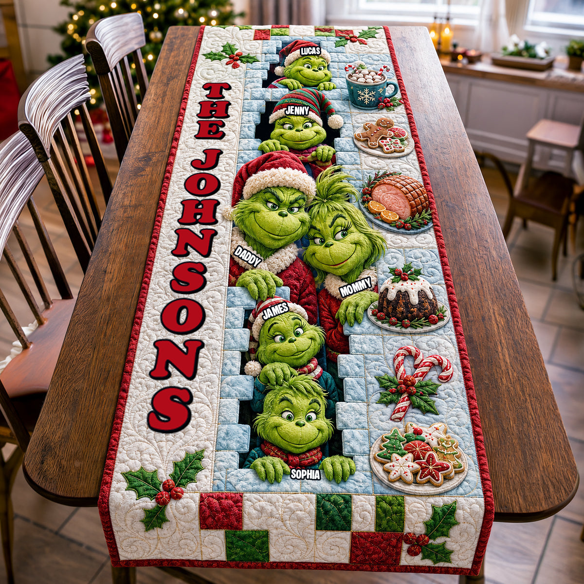 Cherish Family Moments with Our Playful Family Quilted Table Runner - Personalized Christmas Gift for Everyone Quilted Table Runner PopCulturePrints