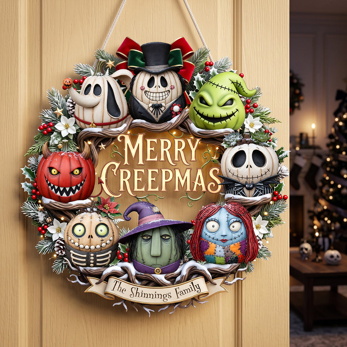 "Celebrate a Creepy Christmas with Style!" - Merry Creepmas Wreath Acrylic Sign - Personalized Gift for Halloween Lovers and Holiday Enthusiasts