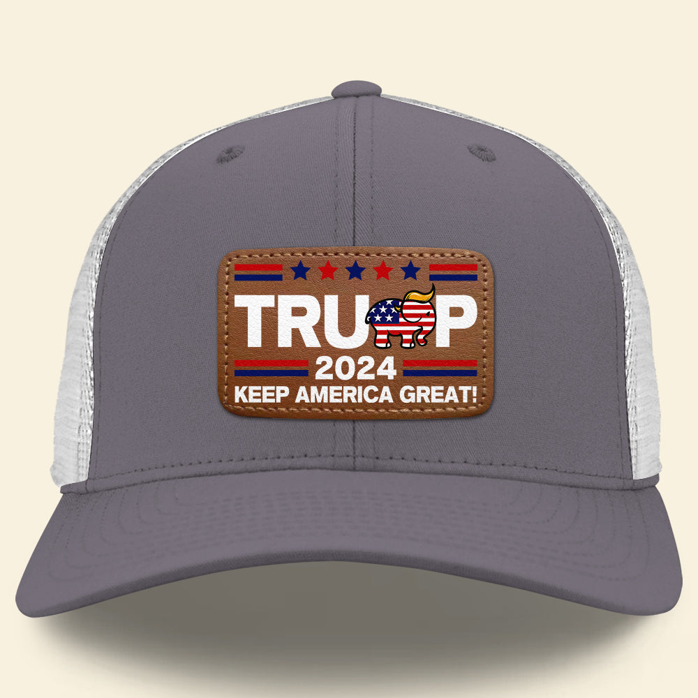 Patriotic Leather Patch Hat - Keep America Great 2024 Caps PopCulturePrints