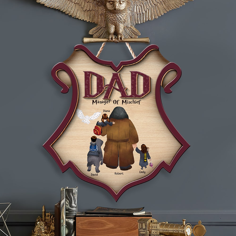 Personalized Harry Potter-Themed Dad Shield Sign - Manager of Mischief