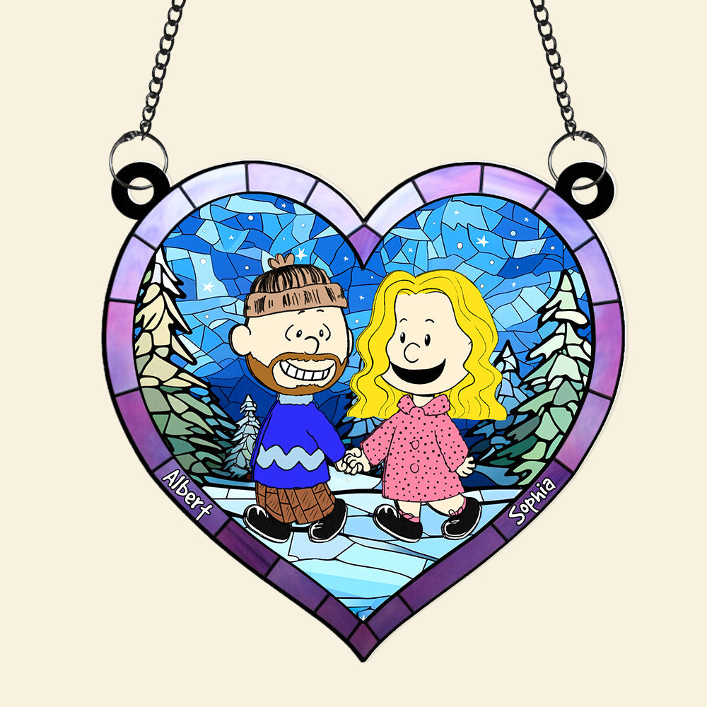 Personalized Cartoon Couple Heart Suncatcher - Hand In Hand Love Keepsake