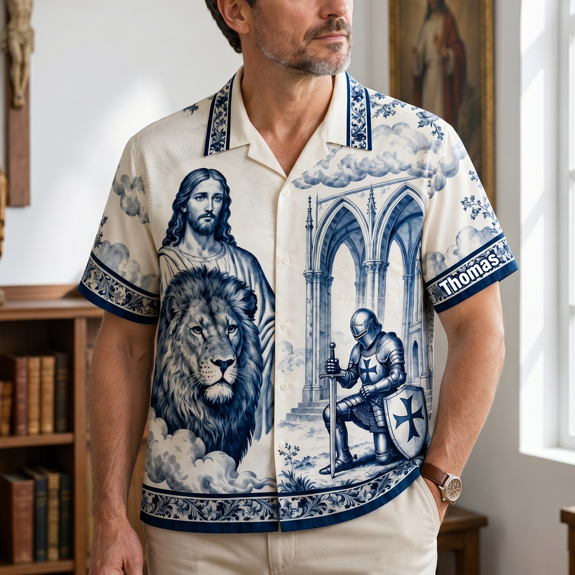 “A Faithful Knight's Strength and Courage” - Personalized Faith-Inspired Hawaiian Shirt - Custom Gift for Christians, Men and Women