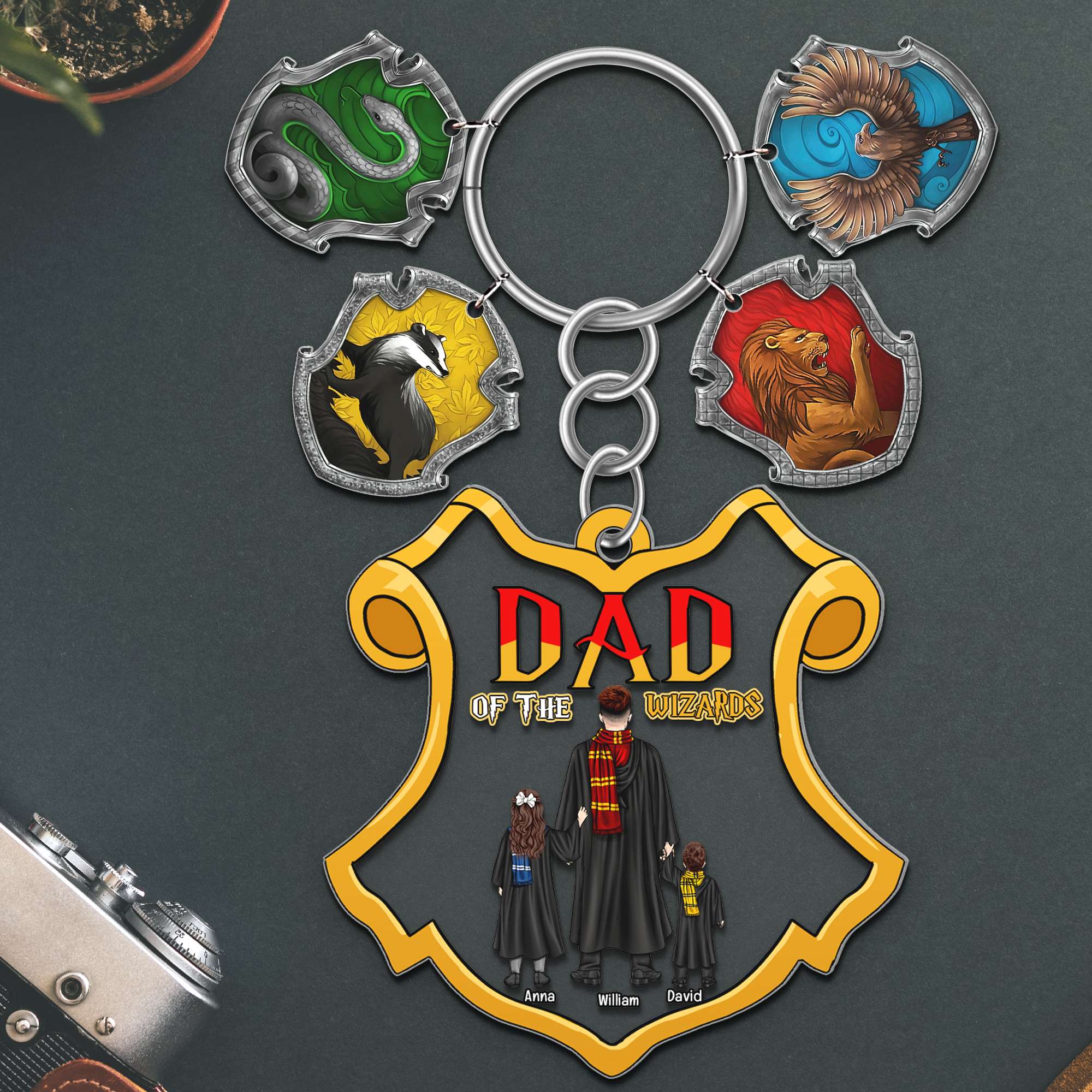 Personalized Hogwarts House Keychain - Dad of the Wizards