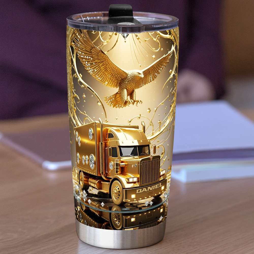 Golden Semi Truck Tumbler - Personalized Gift for Truckers Tumbler Cup PopCulturePrints