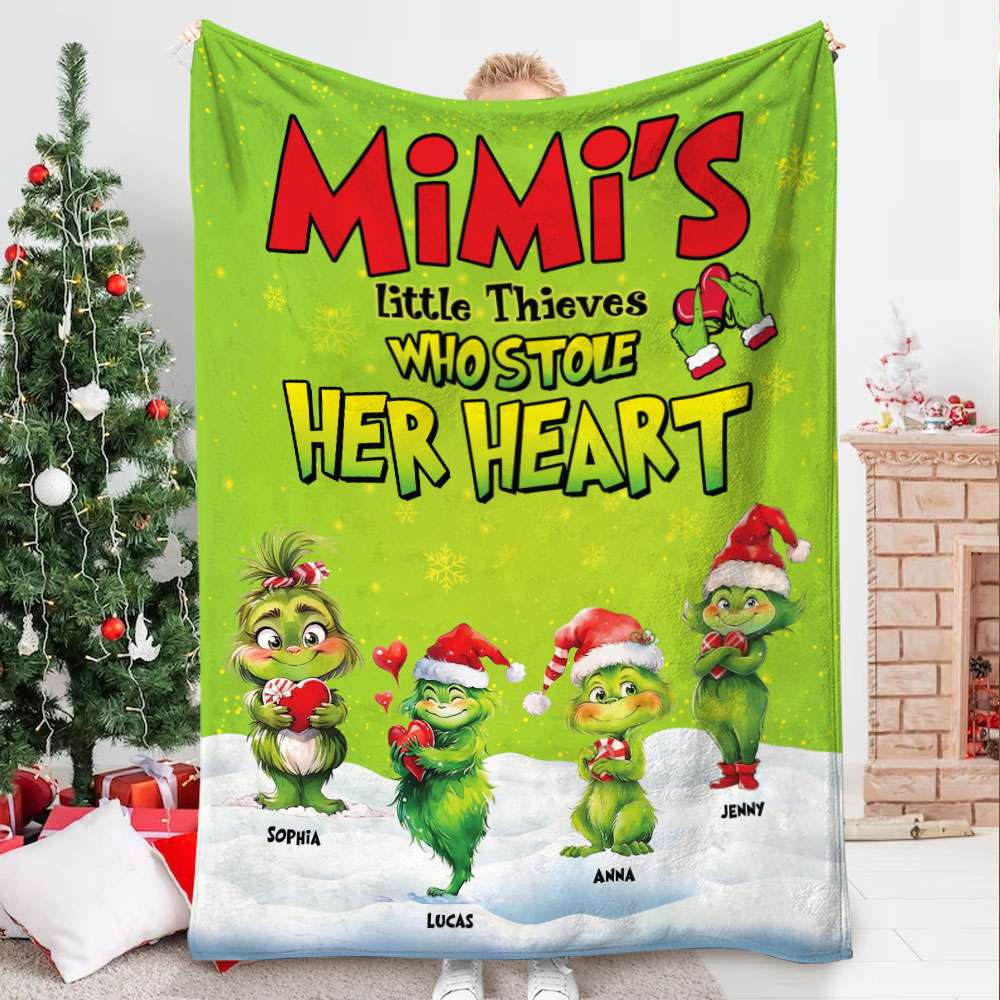 Mimi's Little Thieves who Stole Her Heart, Personalized Blanket for Grandma, Green Kids Christmas Blanket