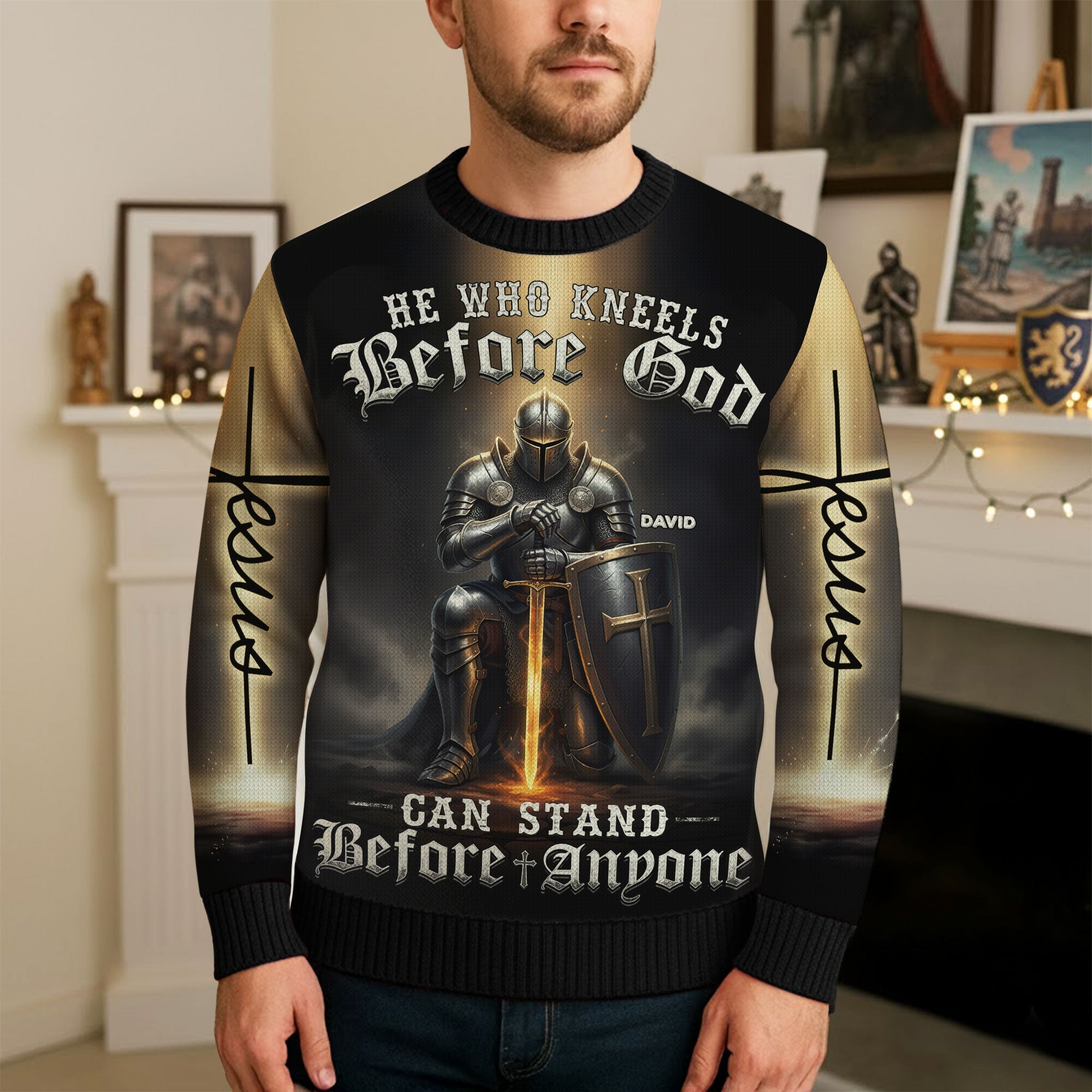 Kneeling Knight Ugly Sweater - Personalized Christian Gift for Him/Her Ugly Christmas Sweater PopCulturePrints