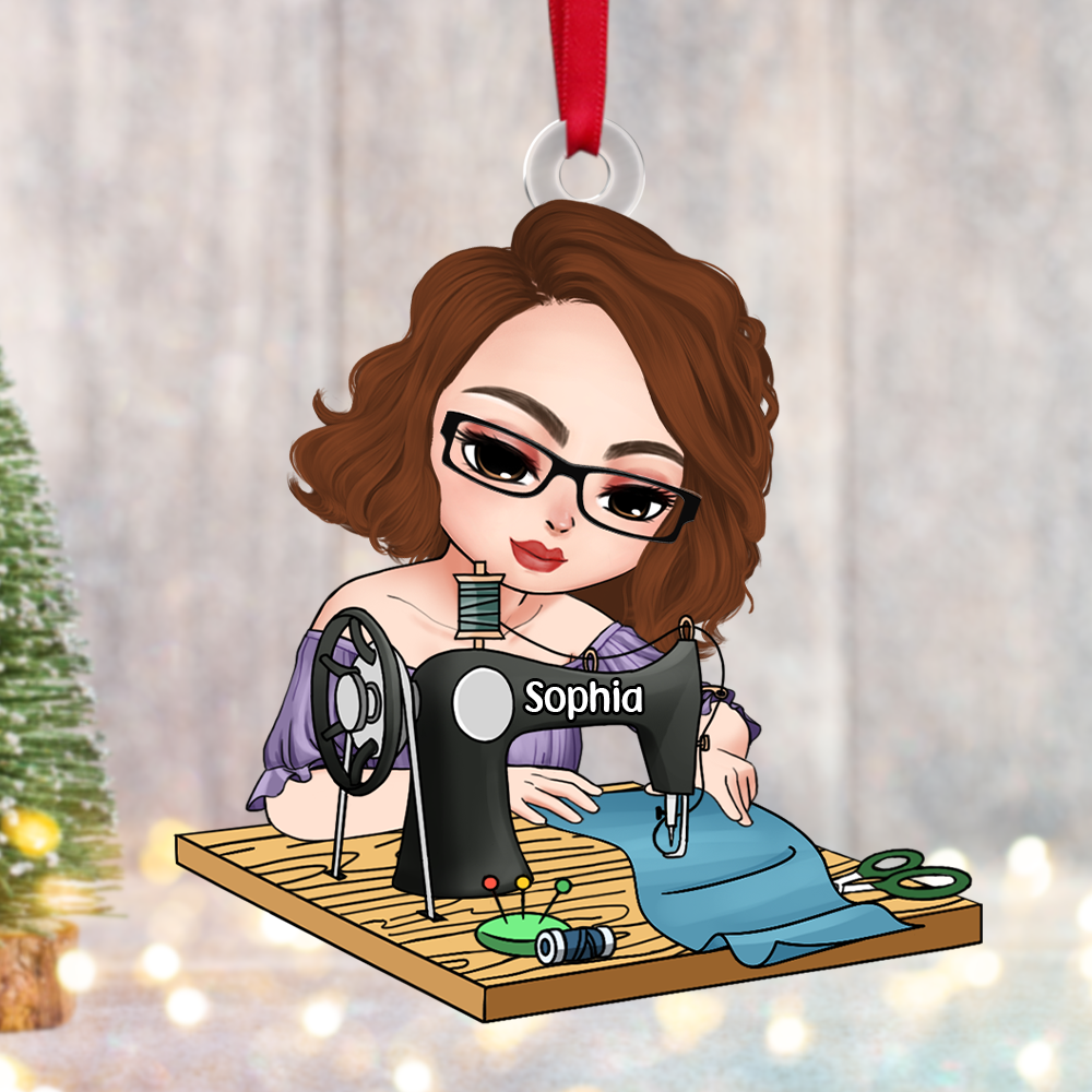 Personalized Sewing Lover Ornament - Sitting Girl with Sewing Machine Ornament PopCulturePrints