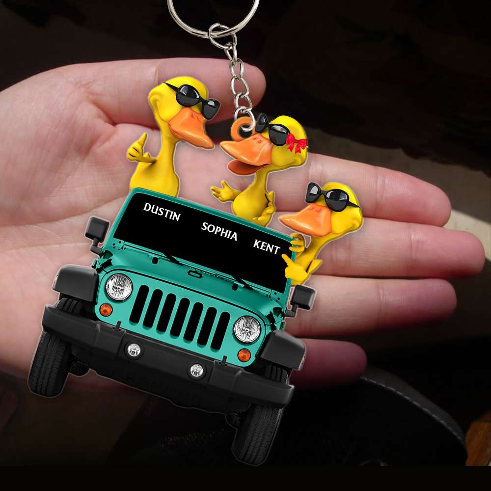 Personalized Yellow Duck Couple Keychain with Jeep