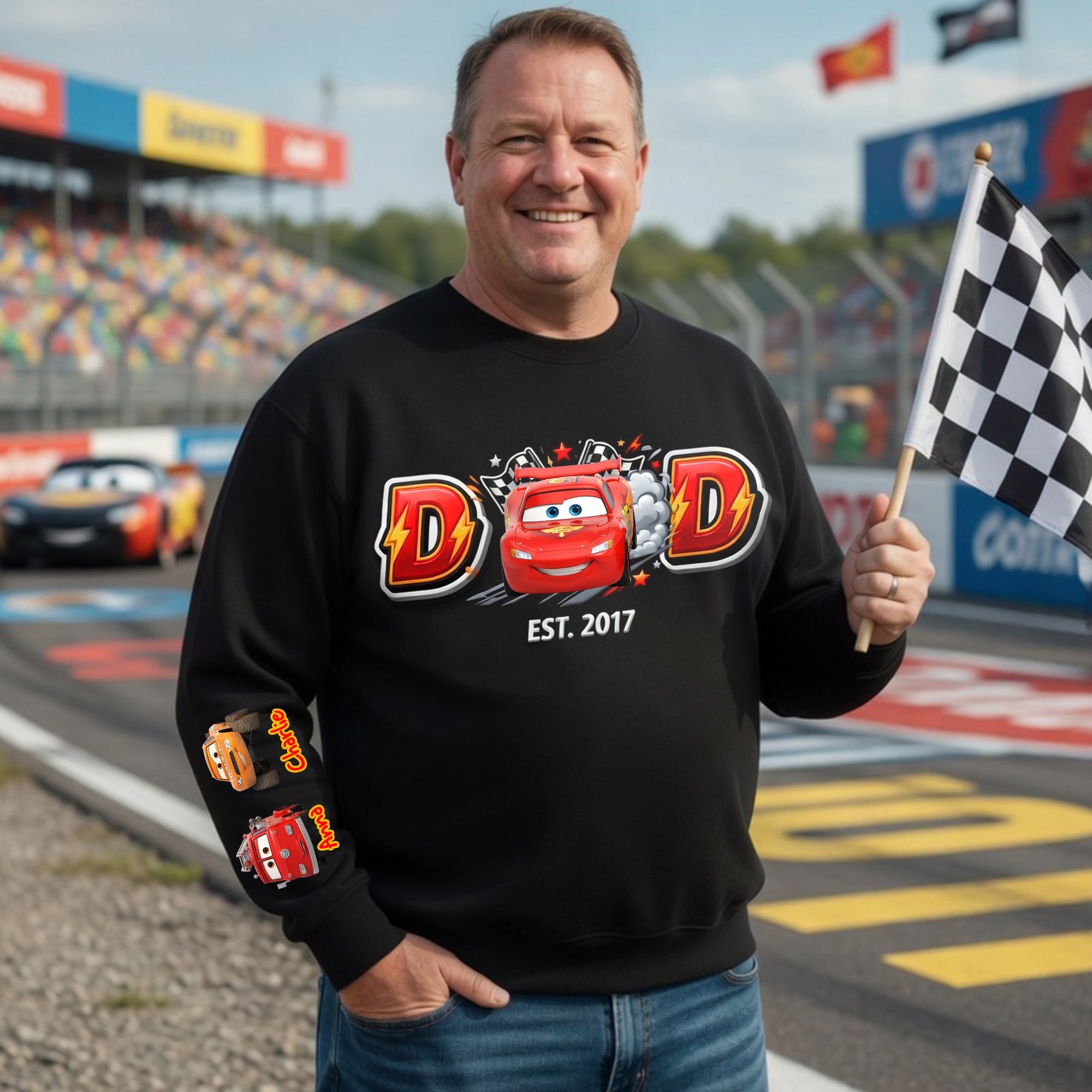 "Rev Up Your Love!" - Personalized Racing Dad Crew Shirt - Perfect Gift for Dads and Grandpas AOP Products PopCulturePrints