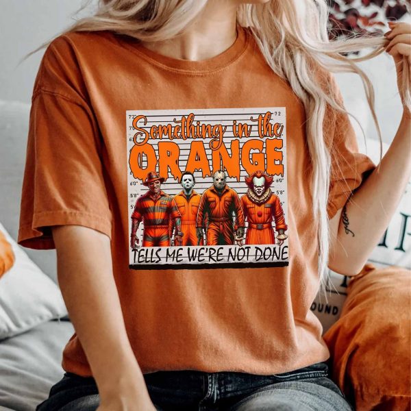 Halloween Horror Characters Mugshot T-Shirt - Classic Orange Design