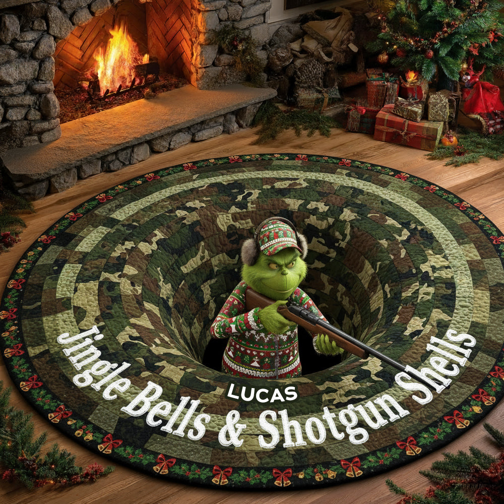 “Jingle Bells & Shotgun Shells” - Personalized Christmas Gift for Hunters - Quilted Round Mat Doormat PopCulturePrints