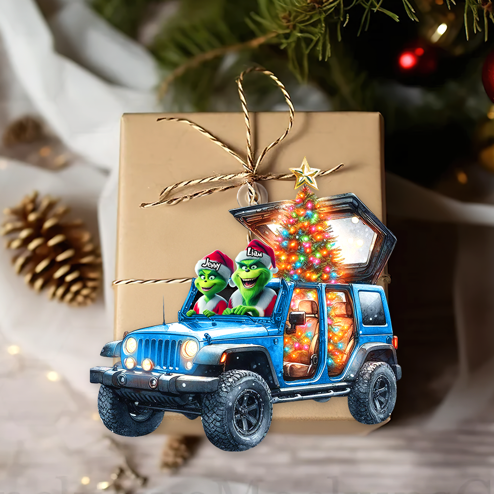 Custom Couple Christmas Ornament - Festive Jeep Design