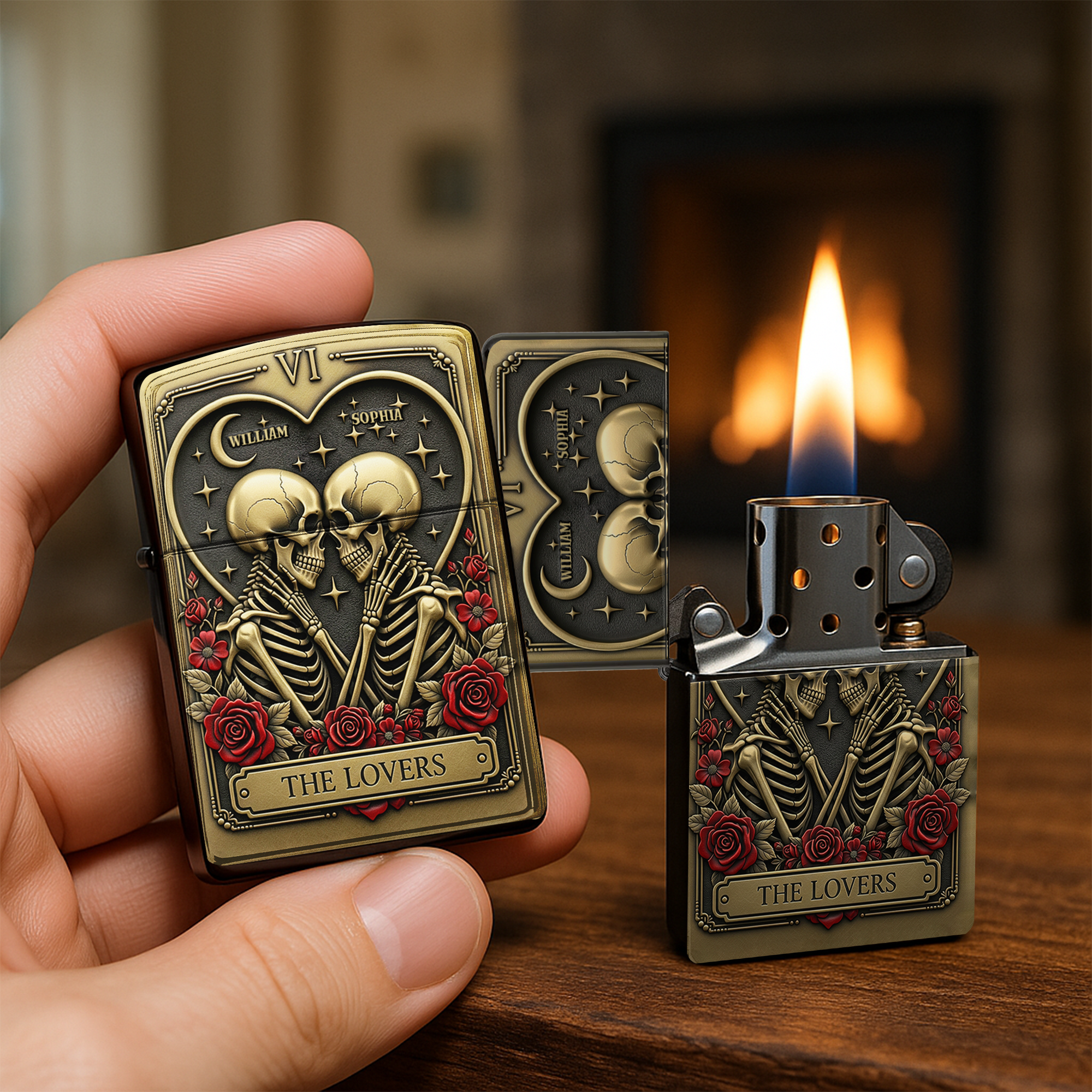 Love Beyond the Grave - Personalized Skull Couple Tarot Lighter Lighter PopCulturePrints