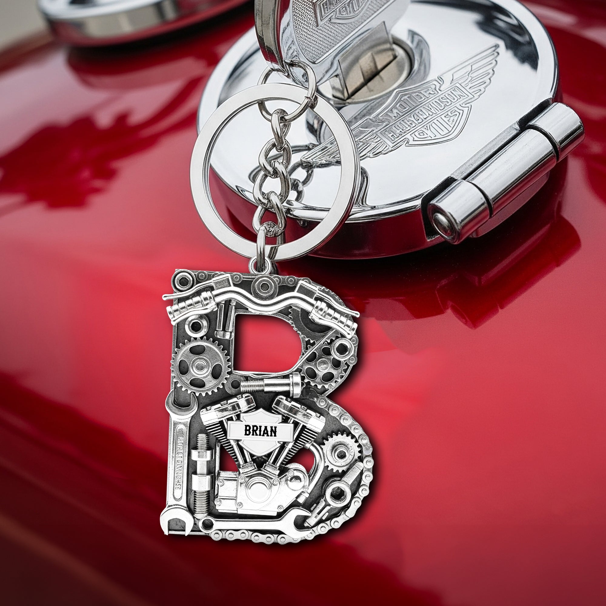 Rev your Passion: Motorcycle Mechanical Initial Keychain - Personalized Gift for Bikers Keychains PopCulturePrints