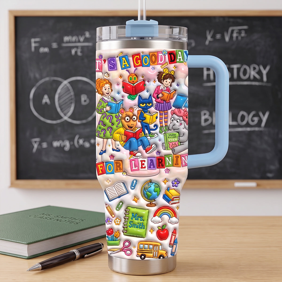 "It's a Good Day for Learning" - Vibrant & Joyful 40oz Tumbler With Handle - Personalized Gift for Teachers, Students, Educators Tumbler Cup PopCulturePrints