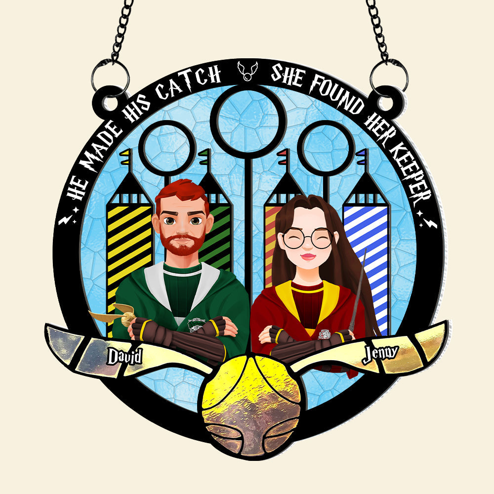 Personalized Quidditch Themed Ornament - 'He Made His Catch, She Found Her Keeper'