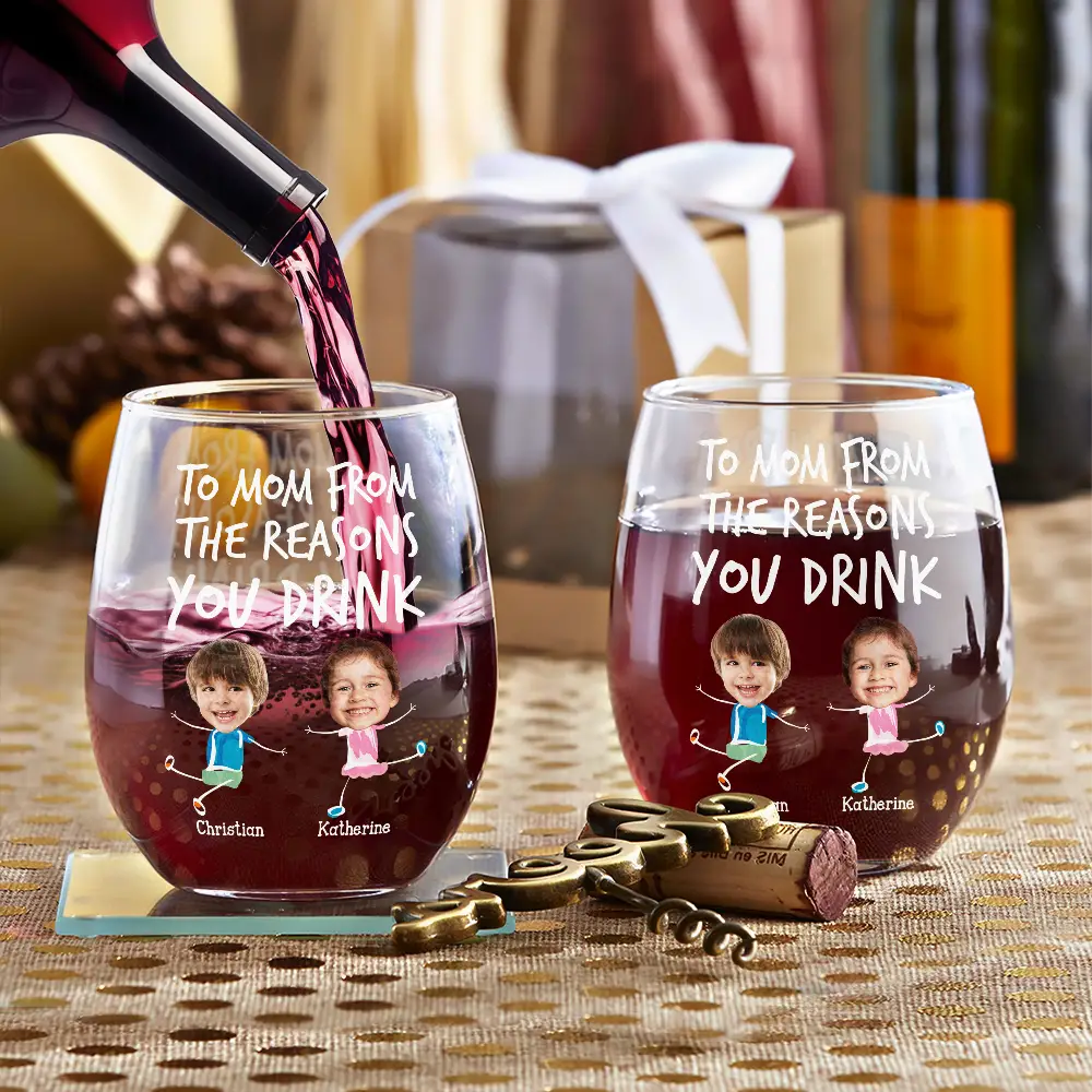 To Mom From The Reasons You Drink - Personalized Stemless Wine Glass Gift for Mom, Grandma, and Loved Ones Wine Glass PopCulturePrints