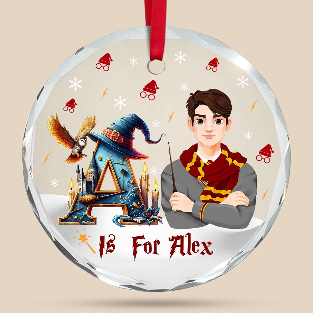 Personalized Movie Fan Crystal Glass Ornament - Christmas Wizard Theme