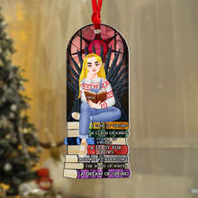Load image into Gallery viewer, Personalized Book Lover Ornament - Girl on Books Ornament PopCulturePrints
