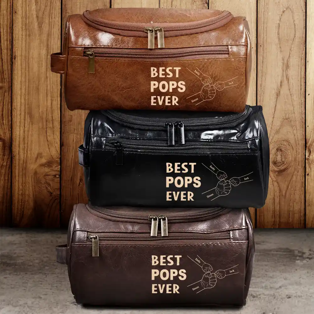 Best Dad Ever Fist Bump - Personalized Leather Toiletry Bag Leather Toiletry Bag PopCulturePrints