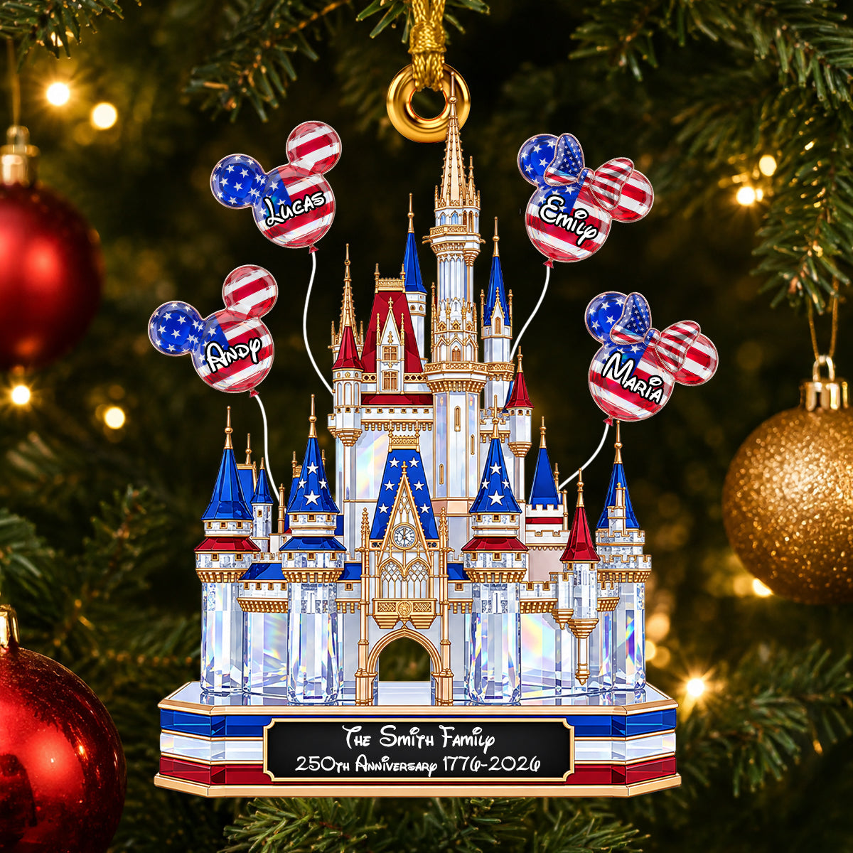 "A Magical Keepsake for Generations - Personalized Enchanted Castle Acrylic Ornament for Family 250th Anniversary Gift"
