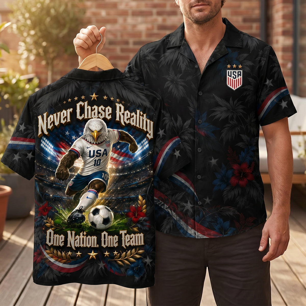 “Never Chase Reality, One Nation, One Team!” - Proud American Hawaiian Shirt – Personalized Gift for Sport Lovers Hawaiian Shirts PopCulturePrints
