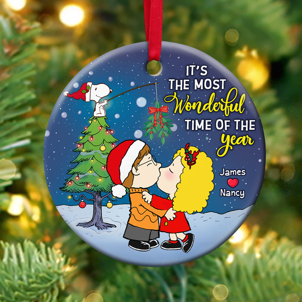 Personalized Cartoon Couple Kissing Under The Mistletoe Christmas Ornament