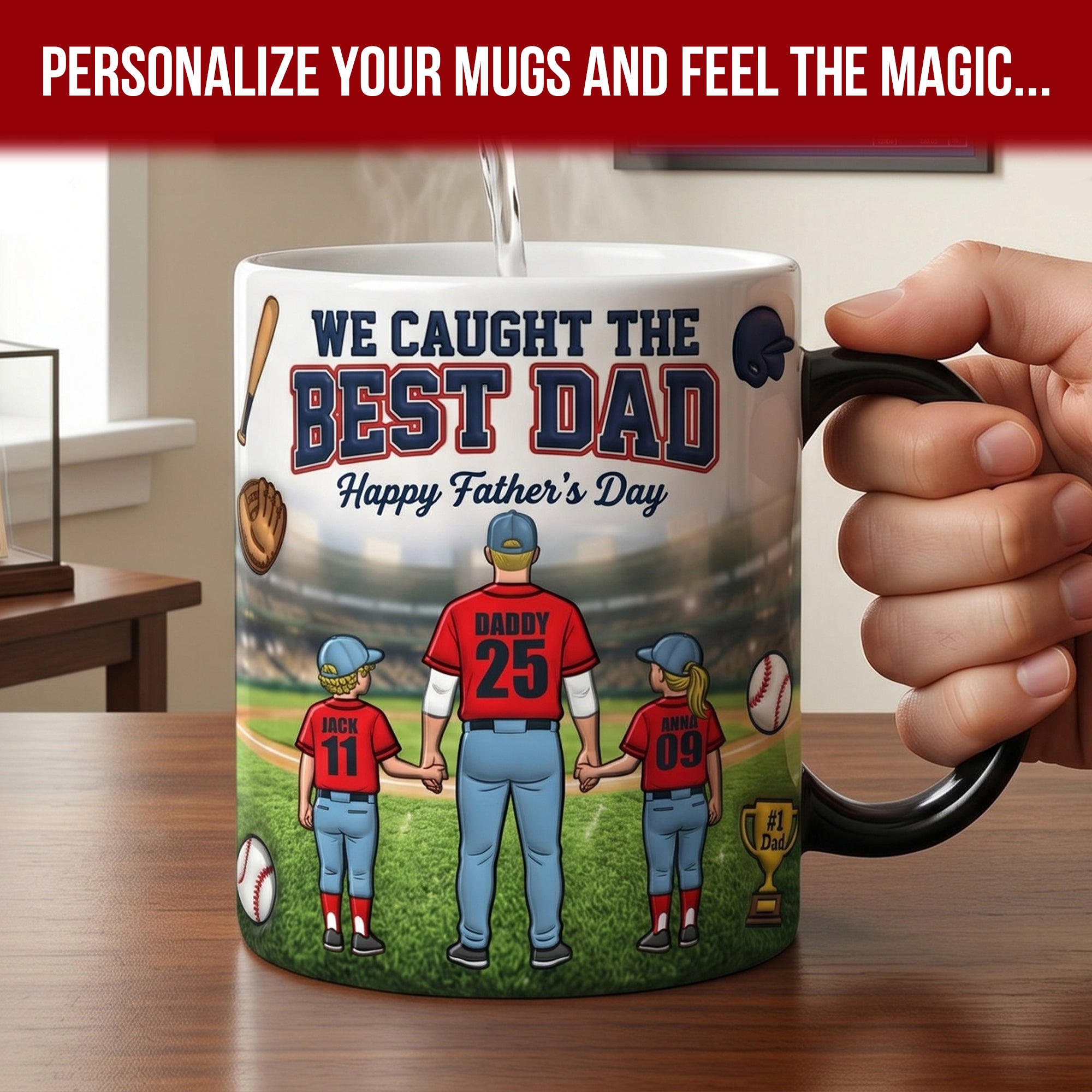 "We Caught the Best Dad" - Personalized Baseball Magic Coffee Mug for Father's Day Coffee Mug PopCulturePrints