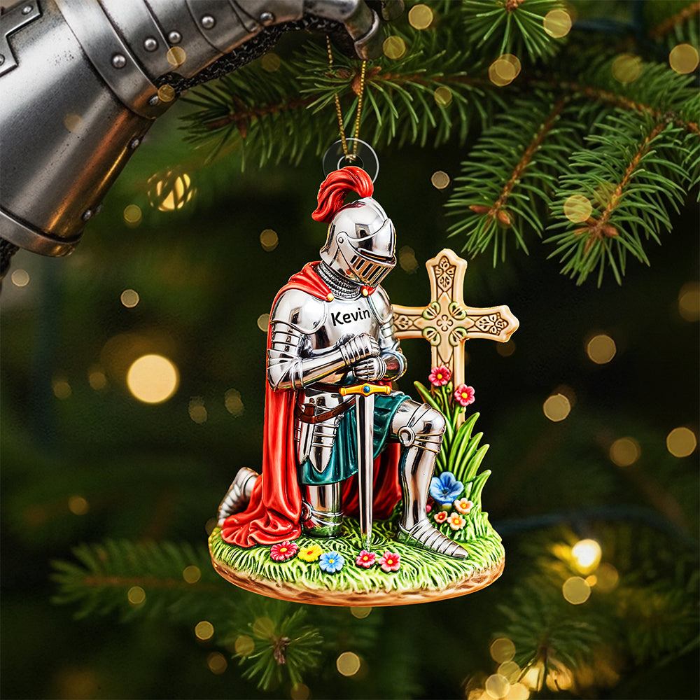 "Noble Path of Faith - Personalized Kneeing Knight Ornament" - Custom Gifts for Christians, Perfect for Any Occasion Ornament PopCulturePrints