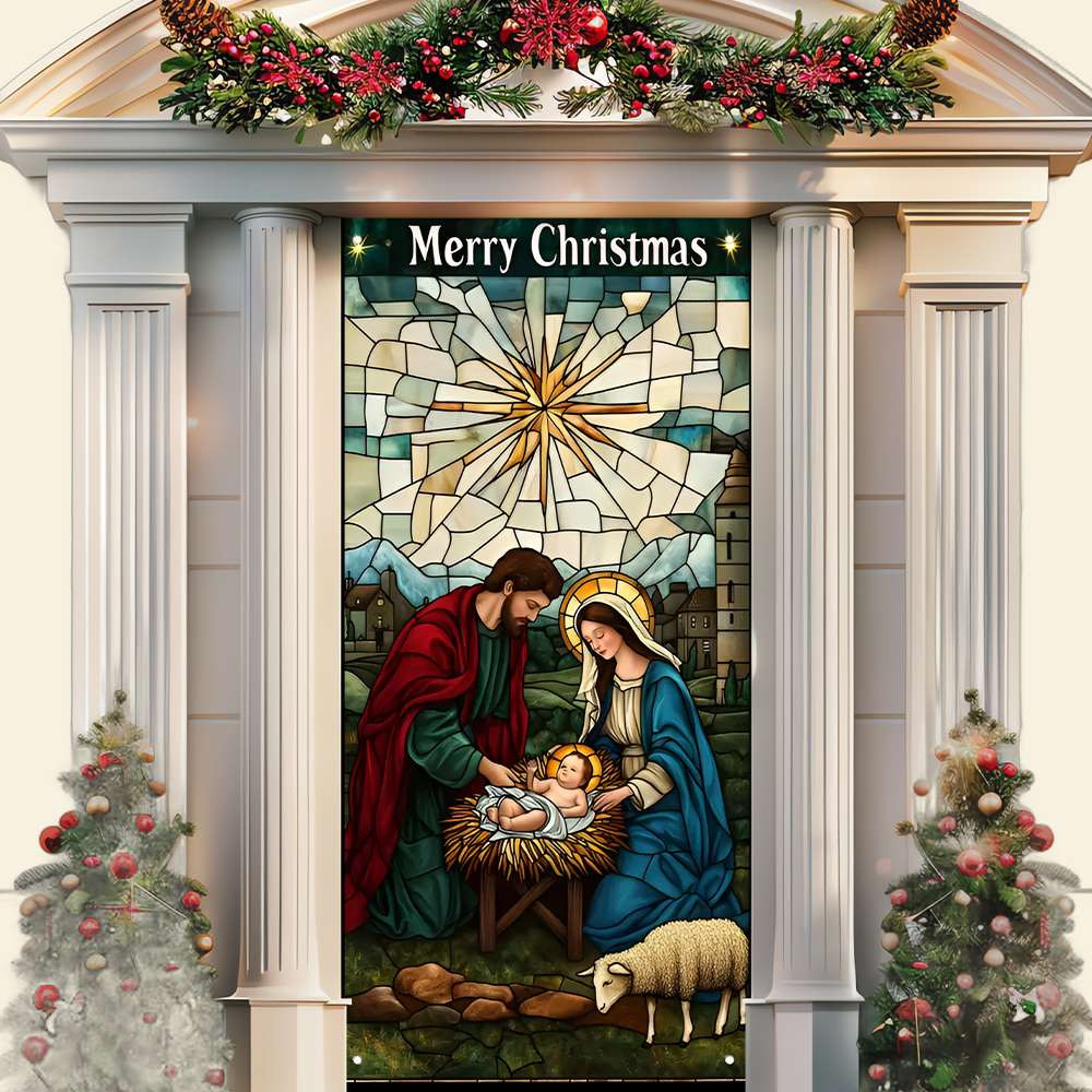 Nativity Scene Christmas Door Cover - Holy Night Christ Born