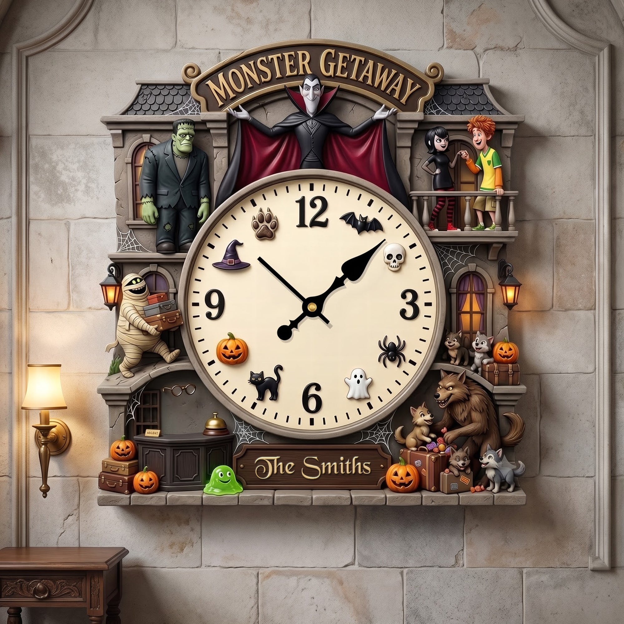 "Time for a Spooktacular Halloween" - Conjuring Mansion Hanging Wall Clock, Personalized Gift for Halloween Enthusiasts