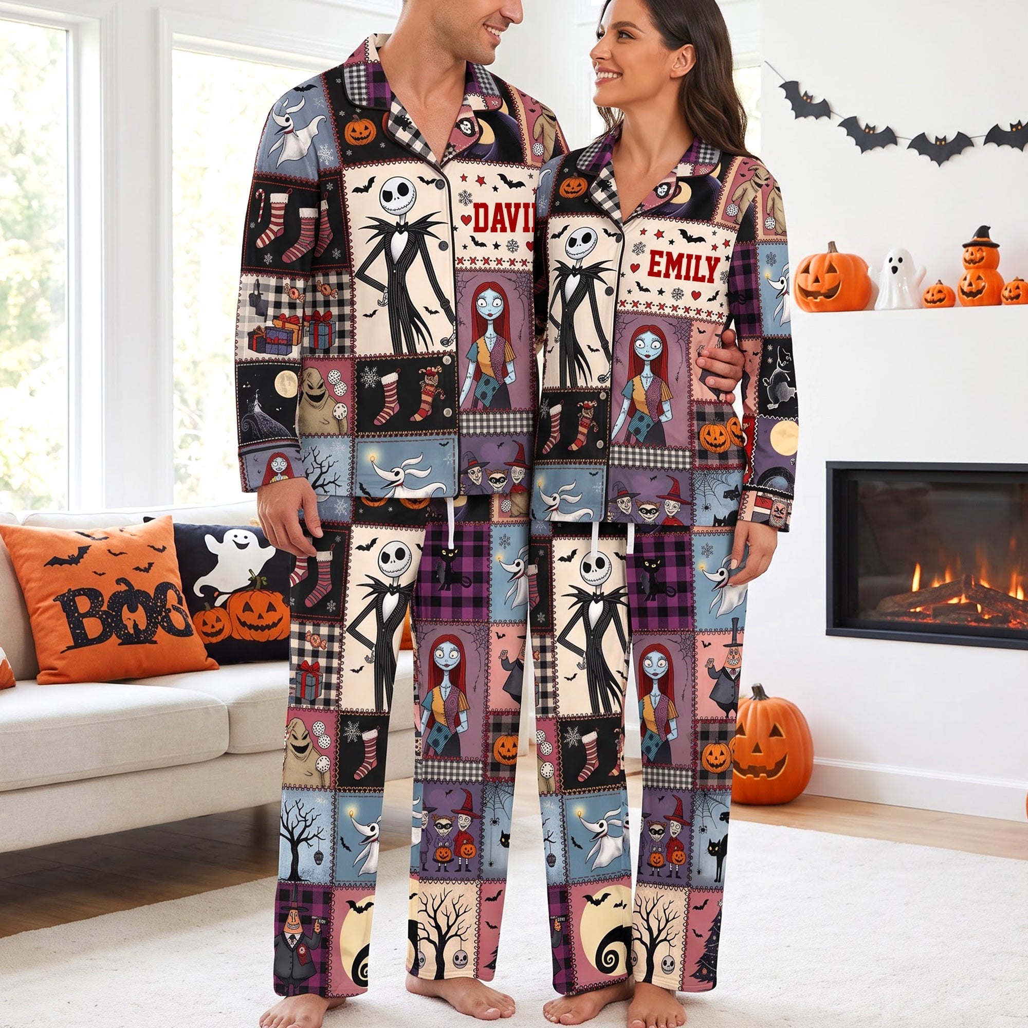 “Cuddle Up in Style!” - Mischievous Night Button Up Pajama Set - Personalized Gift for Couples