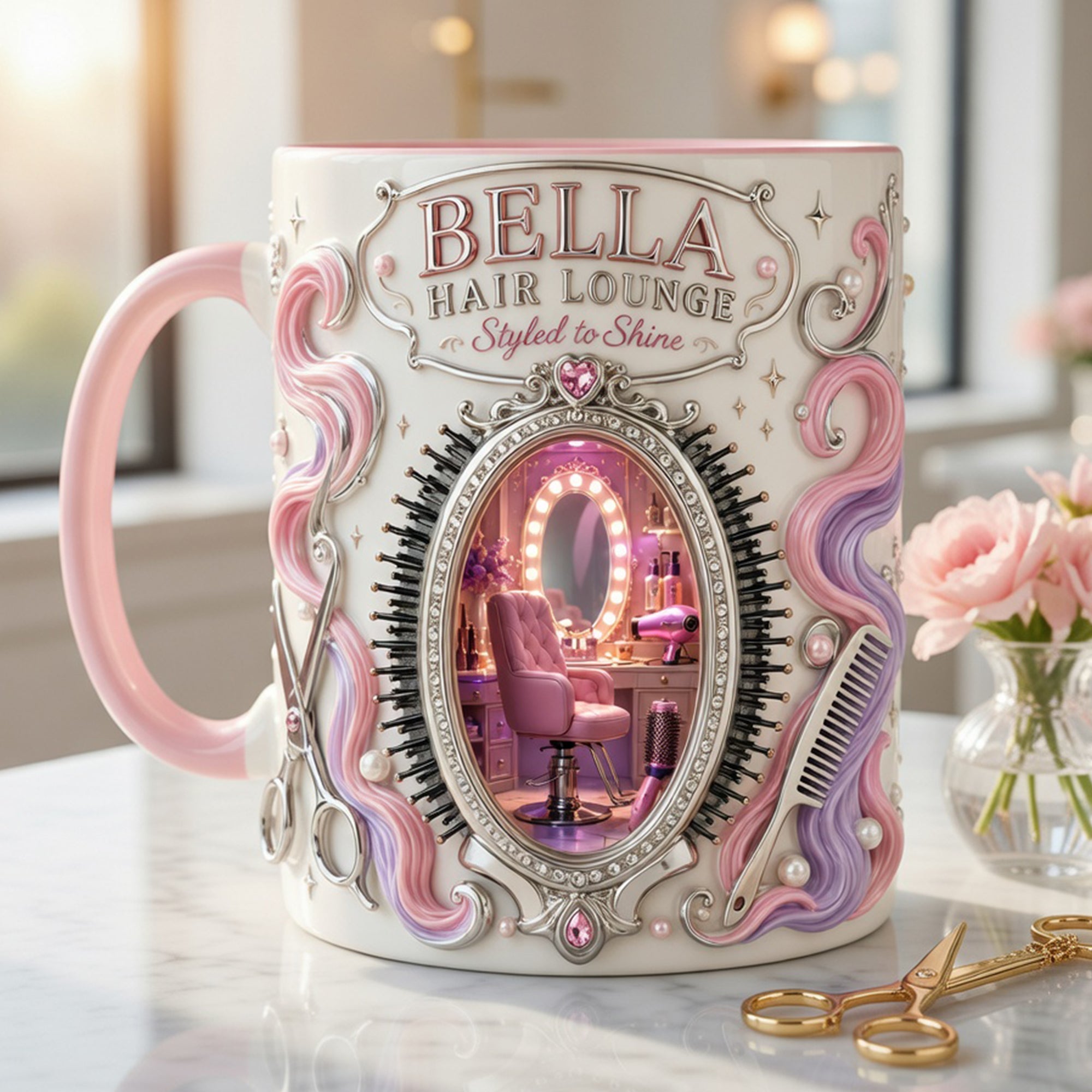 "Styled to Shine: A Hair Stylist's Delight" - Personalized Hair Lounge Accent Mug - Custom Gift for Hairdressers and Beauty Enthusiasts