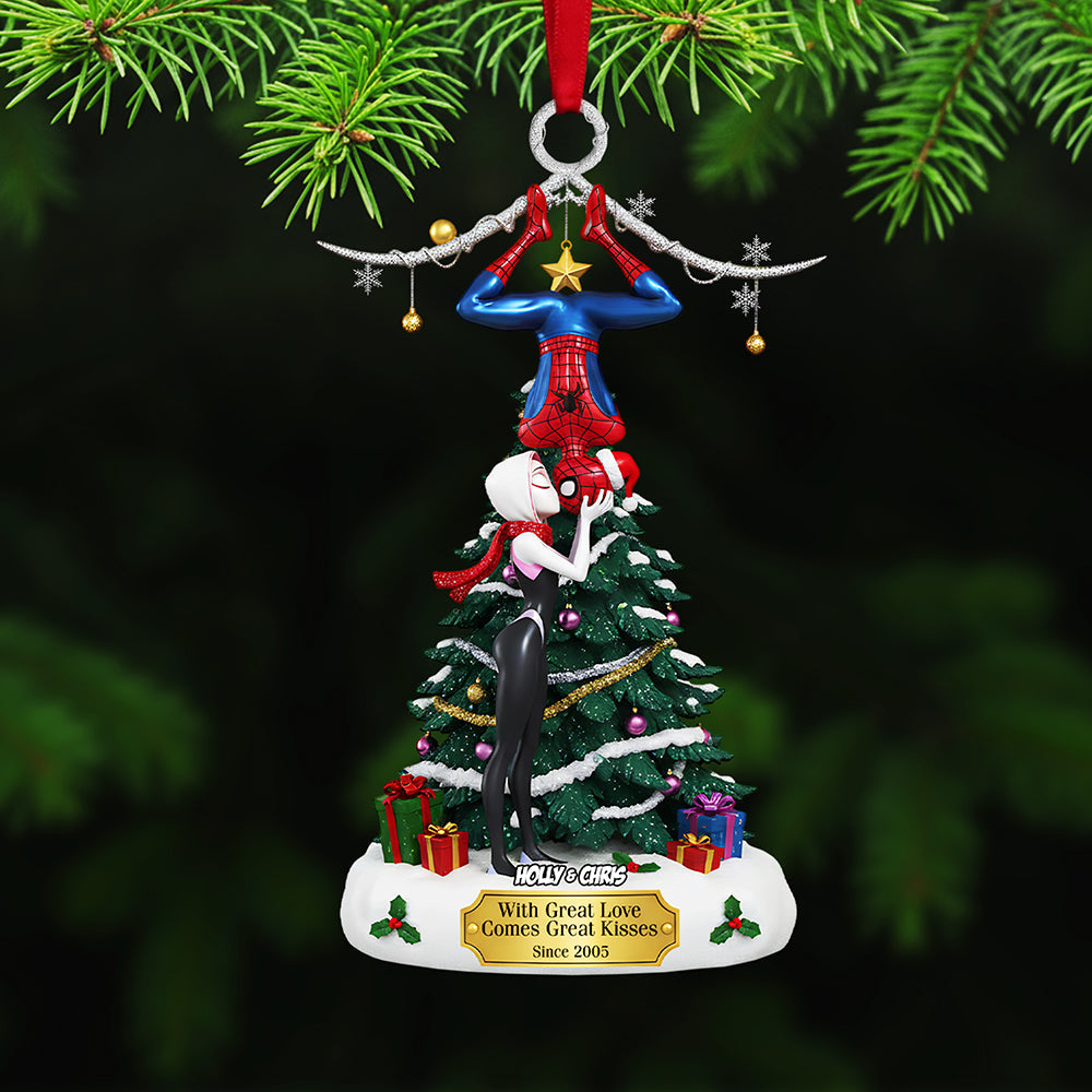 With Great Love Comes Great Kisses - Personalized Cheeky Kissing Couple Acrylic Ornament Ornament PopCulturePrints