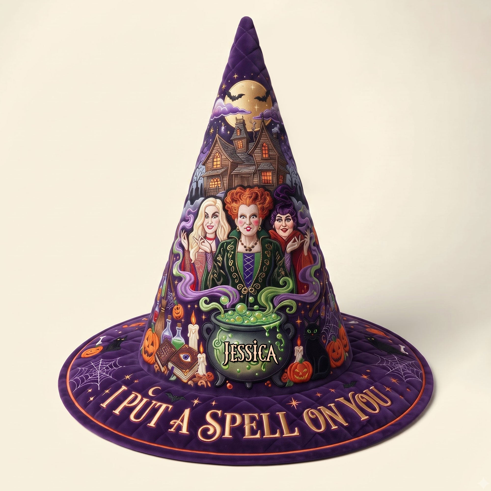 "I Put A Spell On You" - Personalized Sisterhood Of Spells Quilted Witch Hat - Custom Halloween Gift for Friends, Sisters, and Witches Quilted Witch Hat PopCulturePrints
