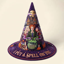 Load image into Gallery viewer, "I Put A Spell On You" - Personalized Sisterhood Of Spells Quilted Witch Hat - Custom Halloween Gift for Friends, Sisters, and Witches Quilted Witch Hat PopCulturePrints
