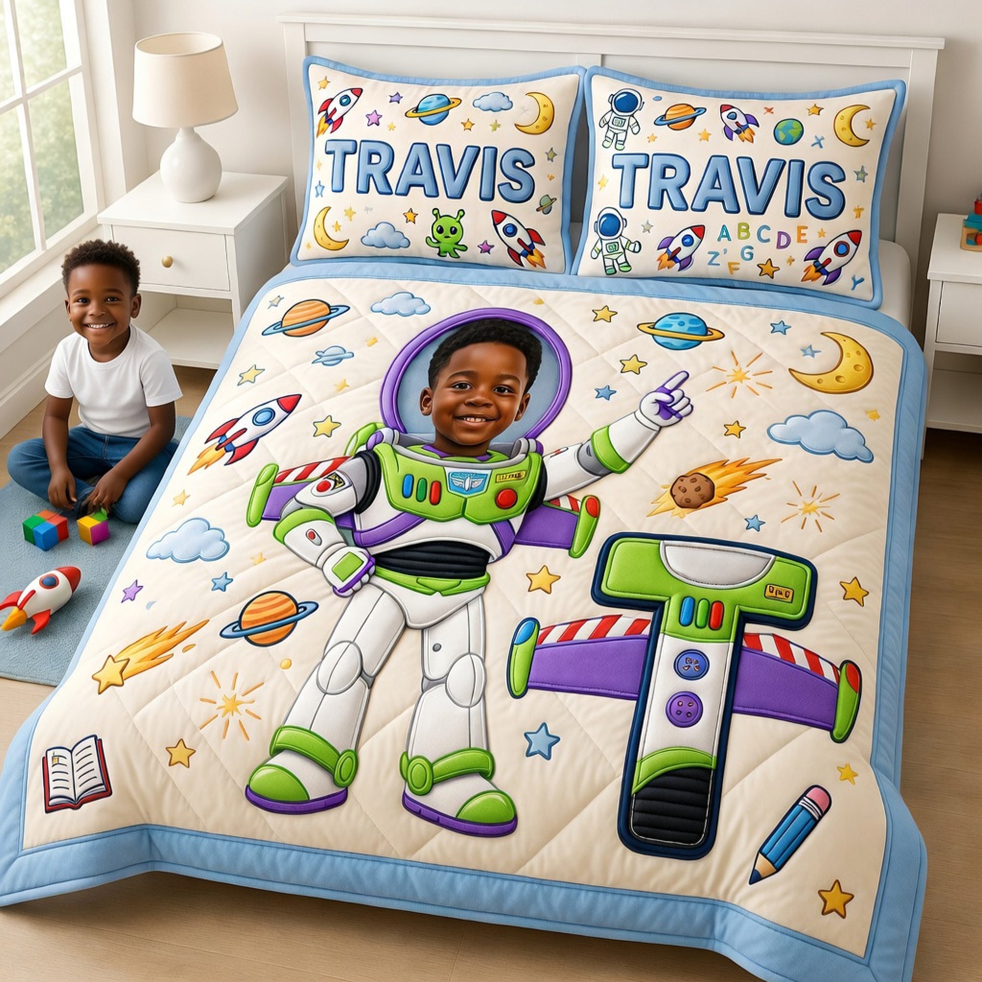 “Blast Off to Dreamland!” - Custom Photo Rocket Space Quilt Bed Set - Personalized Gift for Kids Bedding Set PopCulturePrints