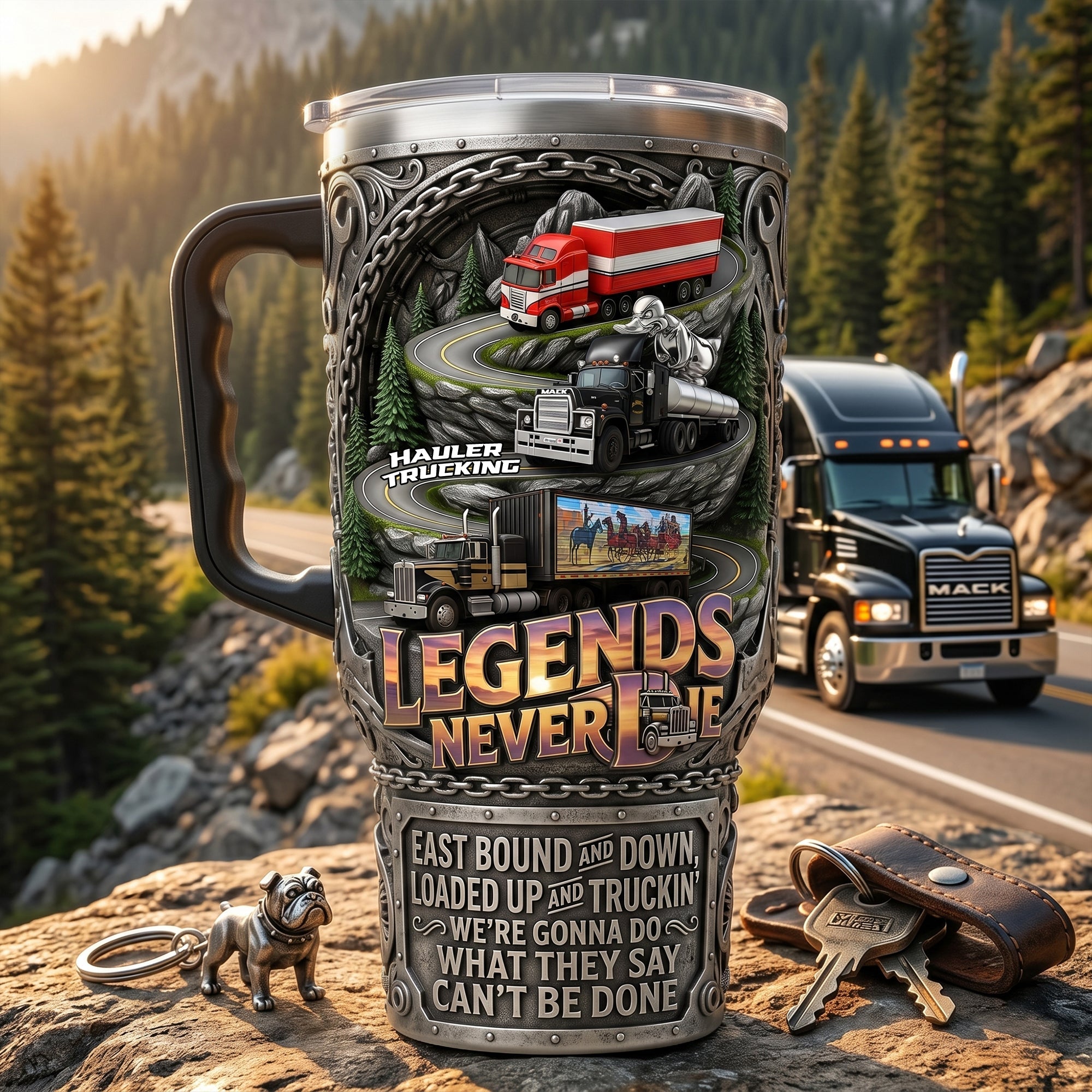 Legends Never Die - Personalized Classic Semi-Truck 40oz Tumbler with Handle Tumbler Cup PopCulturePrints