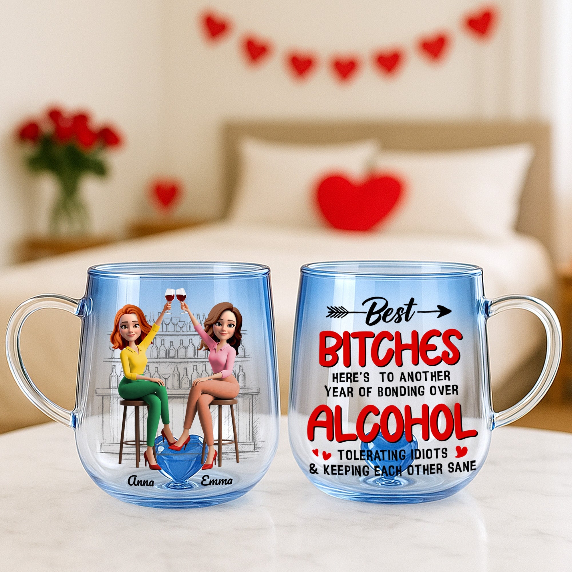 Cheers to Friendship - Partner In Wine Personalized 3D Heart Glass Mug - Unique Gift for Best Friends, Sisters & Drinking Buddies 3D Heart Glass Mug PopCulturePrints