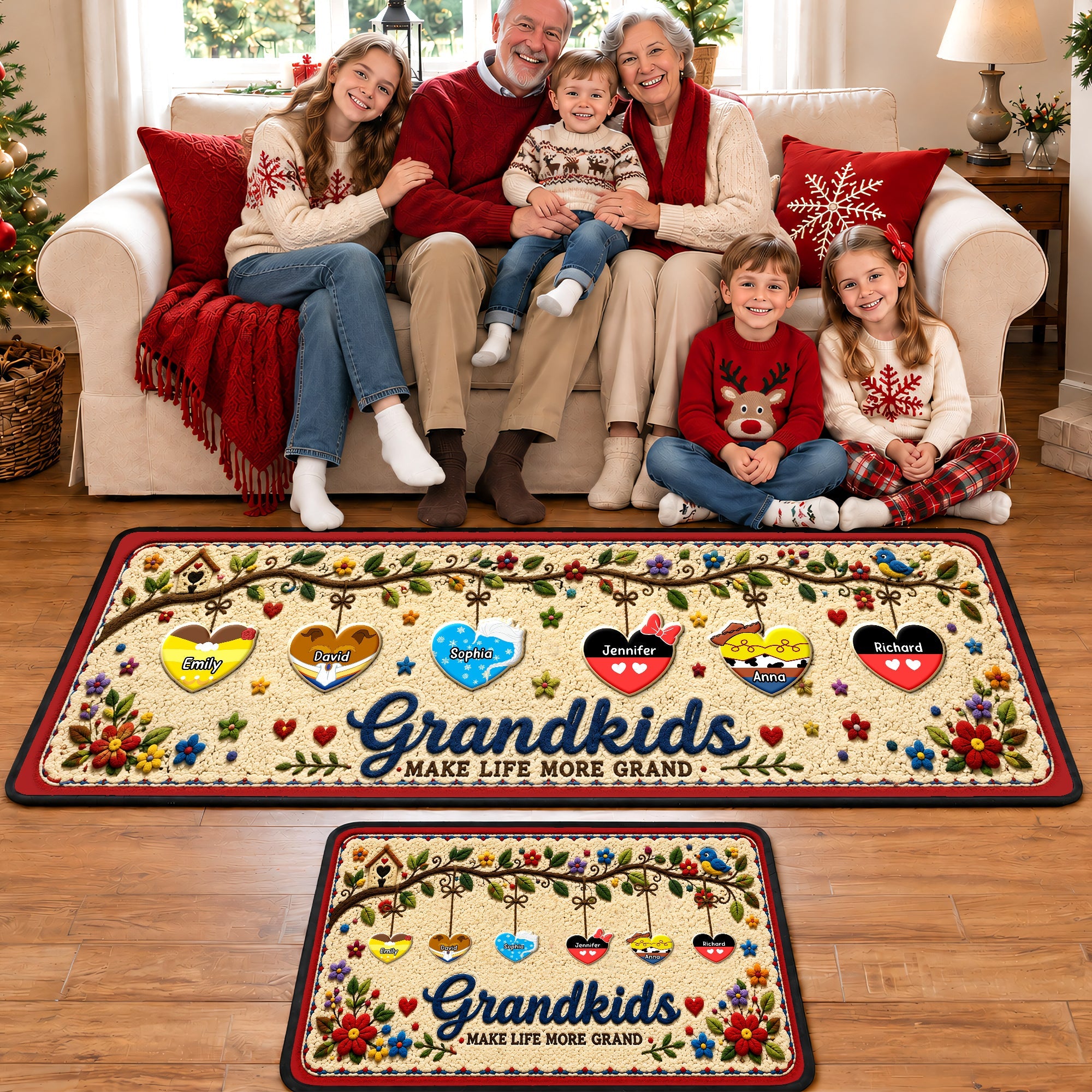 “Make Life More Grand” - Lovely Hearts Grandkids Runner Rug - Personalized Gift for Family Doormat PopCulturePrints