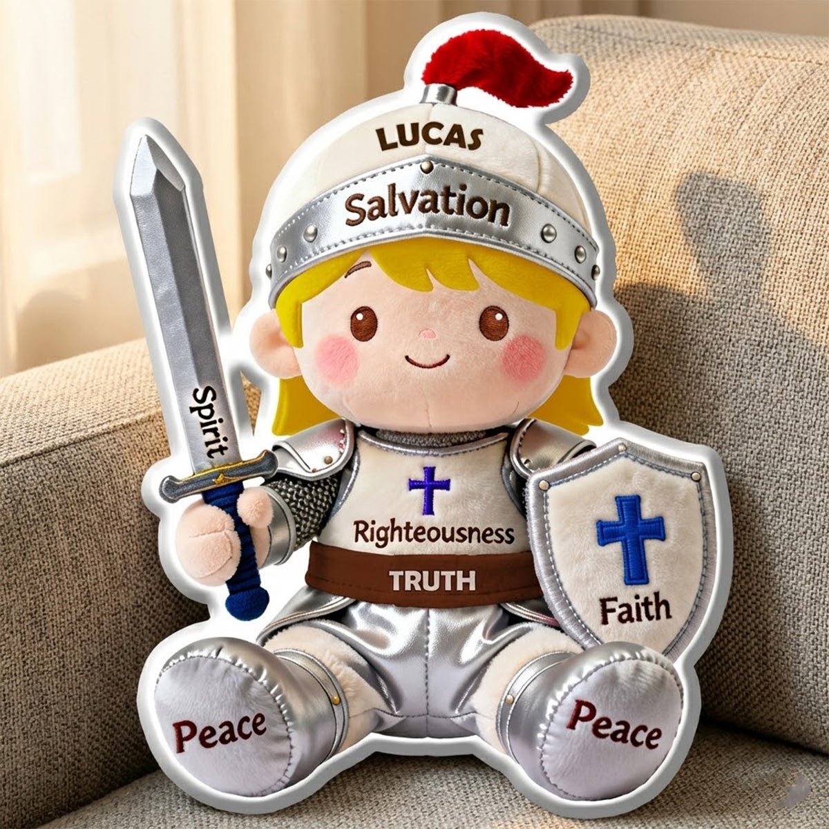 Empower Your Faith: Personalized Christian Knight Shaped Pillow - Custom Gift for Kids, Baptism, or Any Special Occasion Pillow PopCulturePrints