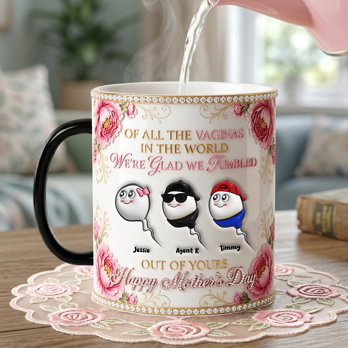 "Of All The Vaginas In The World, We're Glad We Tumbled" - Funny Sperm Kids Magic Mug - Personalized Gift for Moms, Grandmas, and More Coffee Mug PopCulturePrints