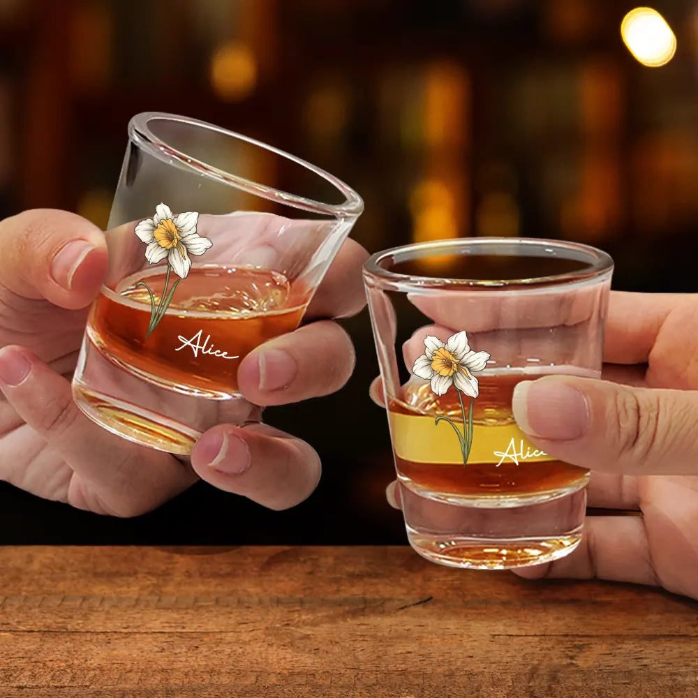 "Celebrate Life's Beautiful Moments" - Personalized Birth Flowers Shot Glass - Custom Gift for Loved Ones Shot Glass PopCulturePrints